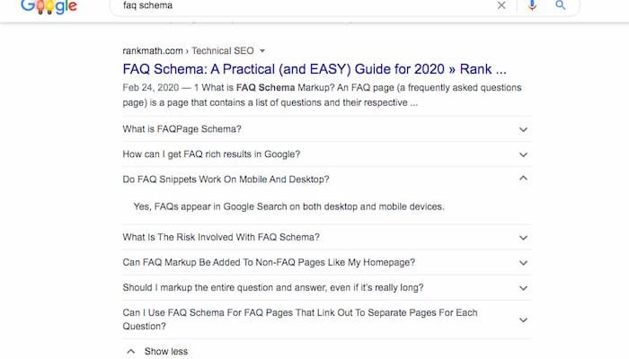 FAQ schema in a search result